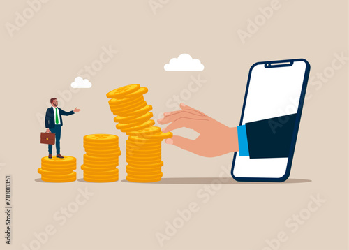 Financial crisis and Global economic money problem. Big hand pull back money from coin stack causing. Flat vector illustration