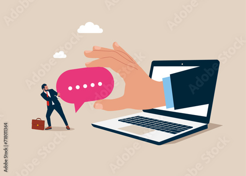 Communication. Corporate culture. Hand pulling a speech bubble tug of war with a businessman. Flat vector illustration                