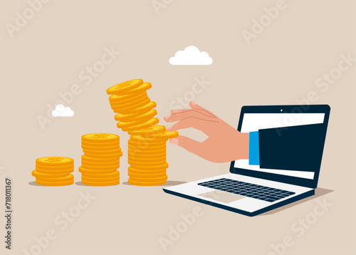 Big hand pull back money from coin stack causing. Financial situation is unstable. Domino effect affecting pile of coins. Flat vector illustration