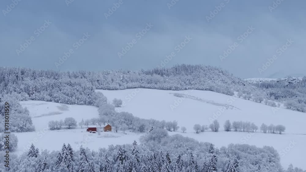 Cabins With Forest Trees Covered With Snow During Winter In Indre Fosen, Norway - Aerial Shot Cabins With Forest Trees Covered With Snow During Winter In Indre Fosen, Norway - Aerial Shot