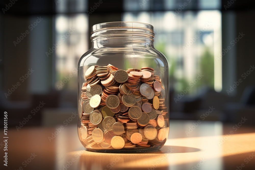 Jar containing gold coins in photo with Blur background Jar containing gold coins in photo with Blur background
