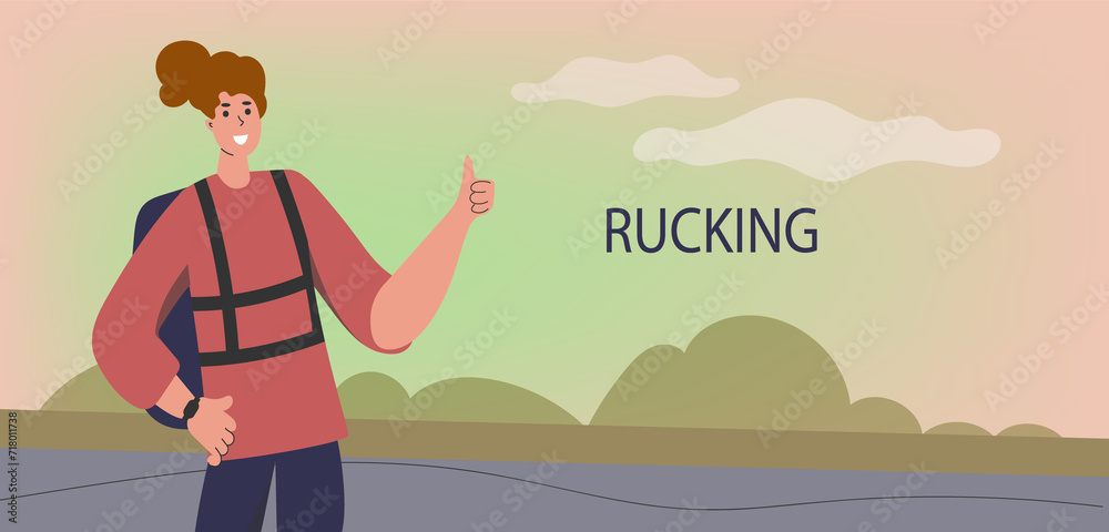 Rucking active walking with a backpack that contains extra weight. A young woman walks with a backpack.  Accessible sports, the concept of outdoor training. Vector illustration in the flat style.