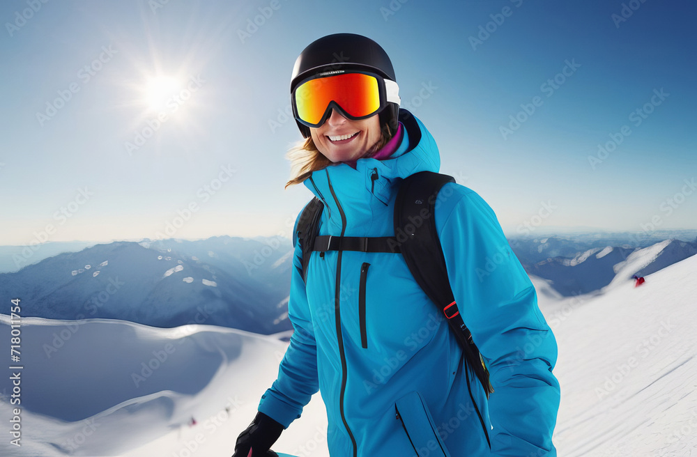 Skier or snowboarder man. Portrait of a skier in the ski resort on the background of mountains and blue sky and bright sun, Ski goggles. wearing ski glasses. Winter Sports