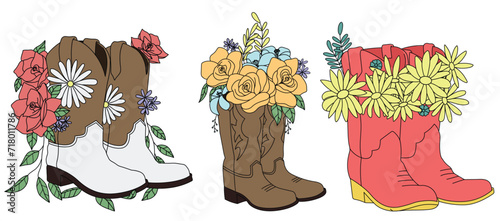 Set of cowboy boots with flowers illustration. Floral cowgirl boots clipart