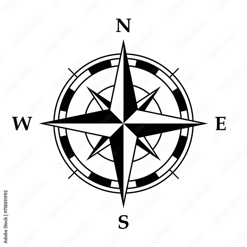 Compass rose symbol, black and white vector illustration of four cardinal directions Compass rose symbol, black and white vector illustration of four cardinal directions