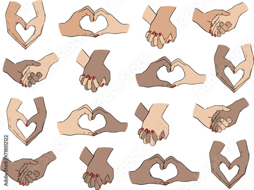 Vector hands, love and couple hands, vector set of couple hands different skin color, african american hands, black and white skin, Valentine's Day graphic (ID: 718012122)