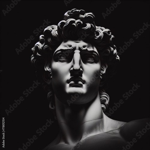 God Apollo bust sculpture. Ancient Greek god of Sun and Poetry Plaster copy of a marble statue isolated on black	