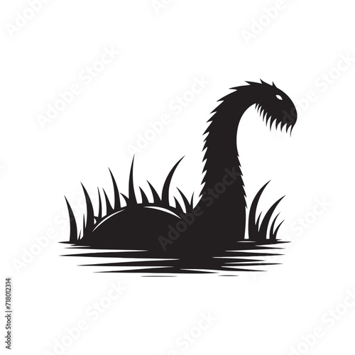 Serpentine Secrets: Loch Ness Monster Silhouette Illuminating the Enigmatic Serpent in Shadows - Loch Ness Monster Illustration - Sea Monster Vector
