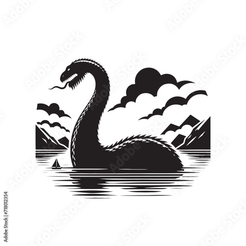 Fototapeta Naklejka Na Ścianę i Meble -  Enigmatic Waters: Loch Ness Monster Silhouette Conjuring Mysteries in the Shadows - Loch Ness Monster Illustration - Sea Monster Vector
