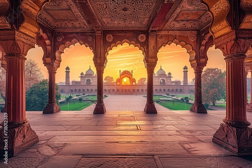 India at dusk, inside Delhi's Red Fort. Generative Ai. photo