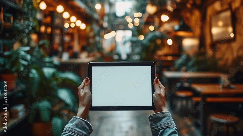 Mockup image of a woman holding digital tablet with blank white desktop screen in cafe --ar 16:9 --stylize 750 --v 6 Job ID: 0c2d509a-5171-46da-82f5-fd7588d8e98d Mockup image of a woman holding digital tablet with blank white desktop screen in cafe --ar 16:9 --stylize 750 --v 6 Job ID: 0c2d509a-5171-46da-82f5-fd7588d8e98d