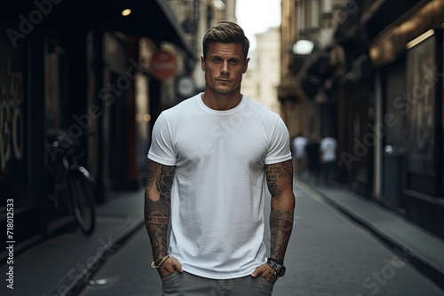Male with a tattoo walking along the street in a white tee shirt mockup.