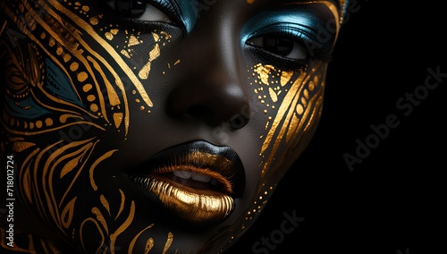 black woman with golden makeup and face paint in black background