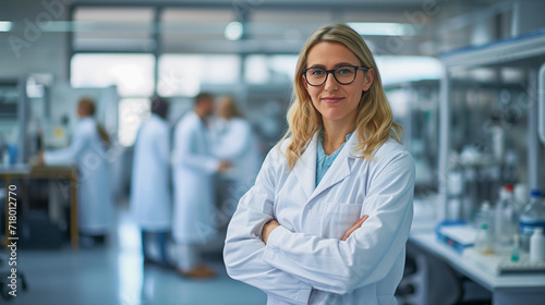 woman scientist lab technician wearing a white lab coat, medical science laboratory
