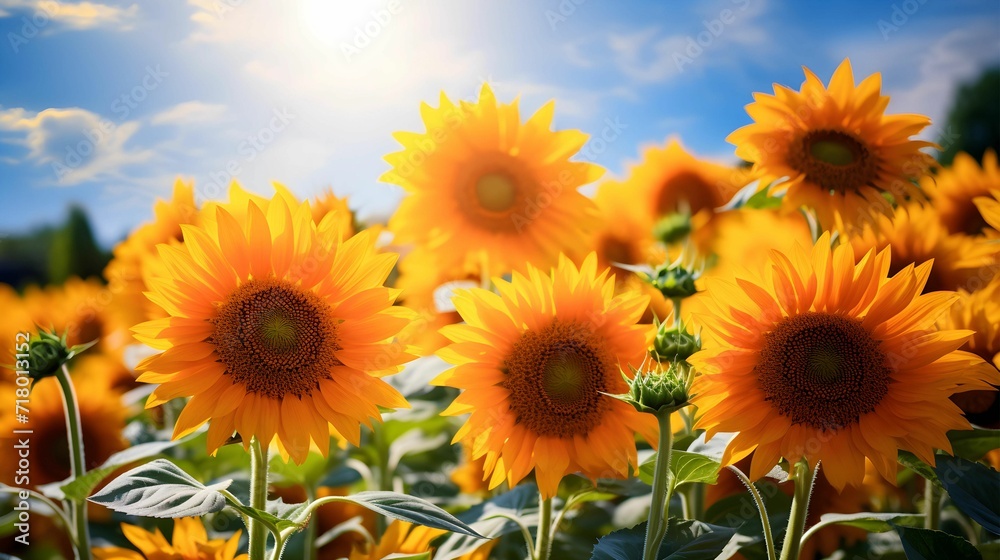 Obraz premium Summer Sunflowers: Sunflowers in full bloom against a sunny backdrop, radiating warmth and cheerfulness.