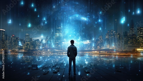 Lonely man standing in front of datadriven futuristic business city