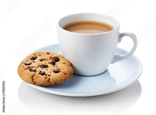 Cup of coffee on white Background with cookies beside it. generative AI