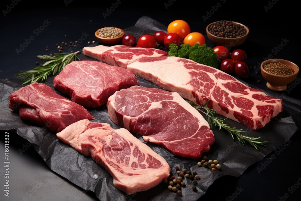 meats steaks fresh steak and vegetables on a black background