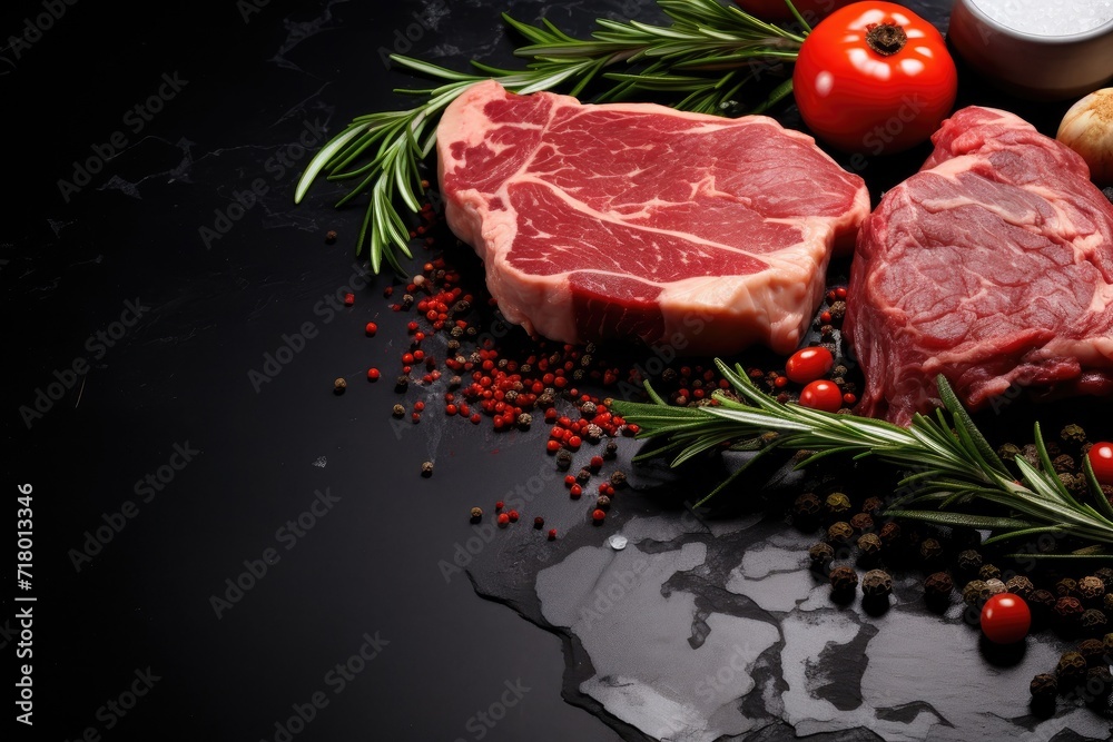 meats steaks fresh steak and vegetables on a black background, copy space