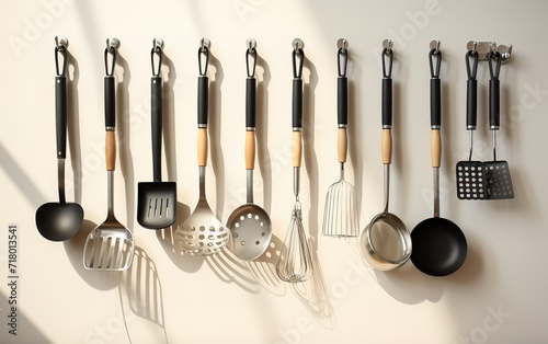 Cooking utensils hanging in the kitchen. generative AI photo