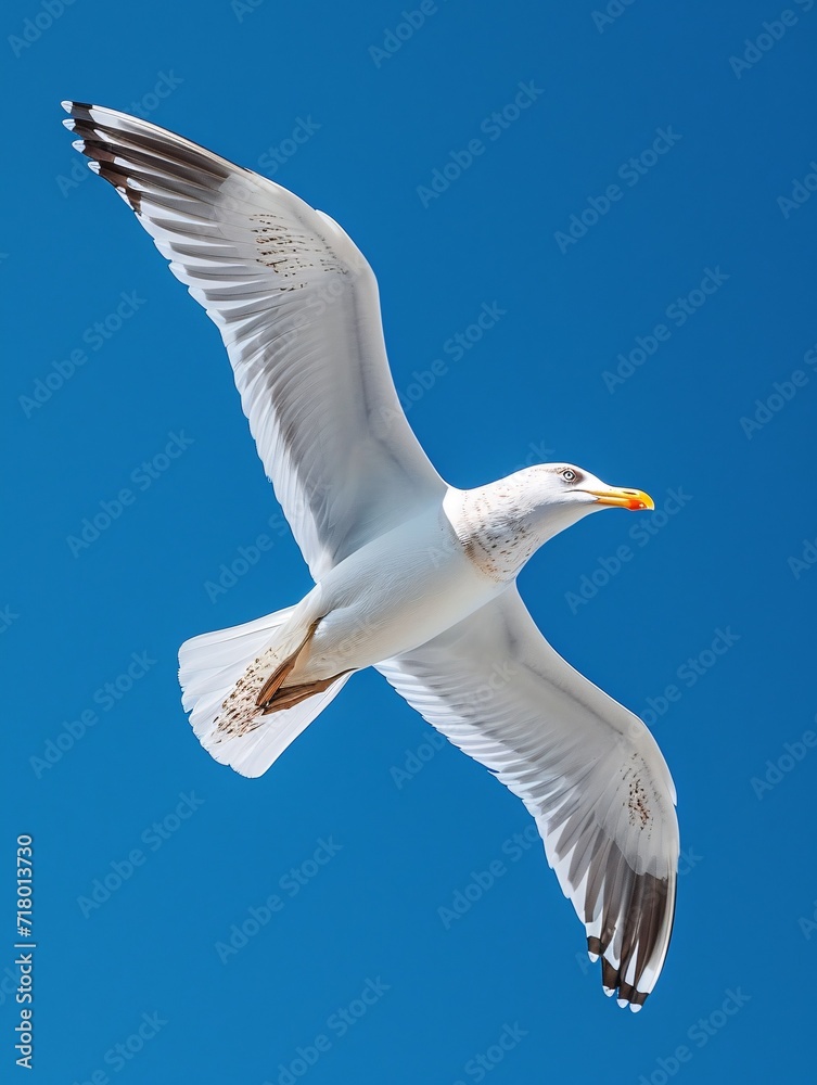 Obraz premium A lone gull soaring against a backdrop of azure sky.
