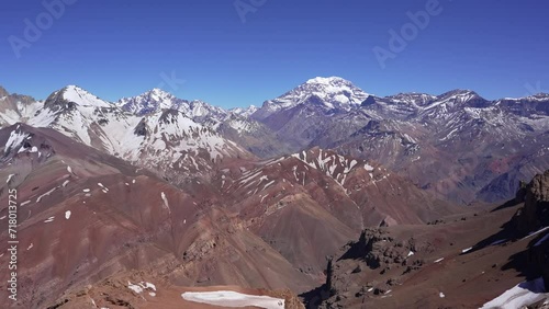 view of the andes mountains near the summit of cerro penitentes in mendoza. South face of Aconcagua on a clear blue saky photo