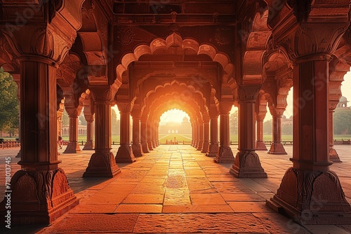 India at dusk, inside Delhi's Red Fort. Generative Ai.