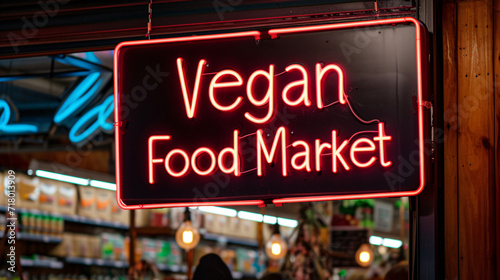 Illuminated Neon Sign for Vegan Food Market with Red Glow