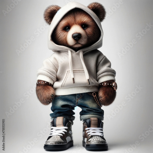 A charming teddy bear dressed in a cozy hoodie, fashionable jeans, and trendy sneakers