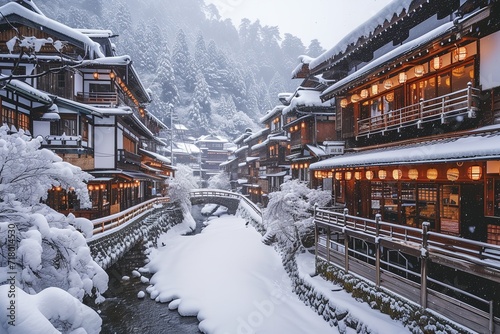 Wintertime in an ancient Ginzan Onsen village. Generative Ai. photo