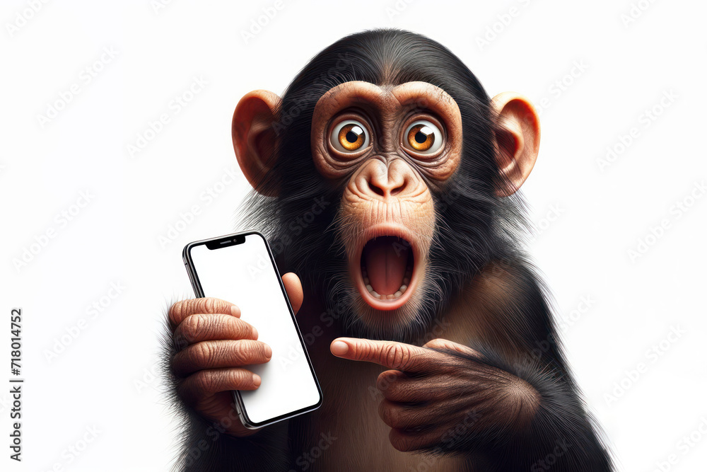 surprised Chimpanzee Monkey with bulging big eyes point on smartphone ...