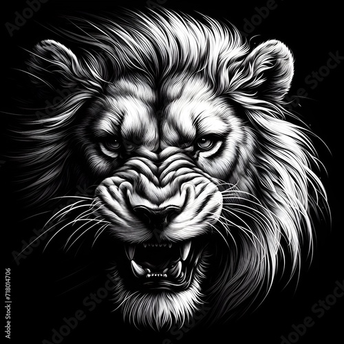 Close-up of the head of an aggressive lion ready to attack. Wild animal in monochrome style. Illustration for cover  card  postcard  interior design  banner  poster  brochure