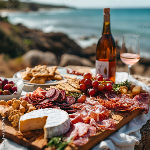 Sliced salami, cheese, bread and wine on the beach. A picnic setting on a beach with a meat charcuterie board and wine for two