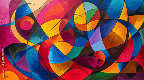 Dynamic Abstract Painting with Swirling Geometric Shapes and Bold Colors