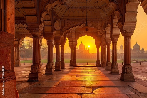 India at dusk, inside Delhi's Red Fort. Generative Ai.