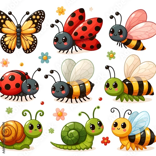 Cute insects set. Butterfly, ant, ladybug, bee, snail, grasshopper. Illustration isolated on white background
