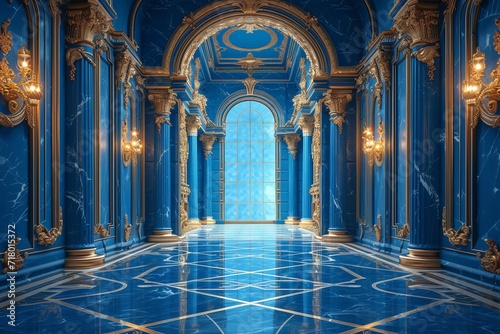 The royal palace's inside is a realistic fantasy blue. Generative Ai. photo