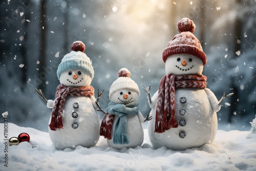 Snowman family in a winter wonderland, Generative AI photo