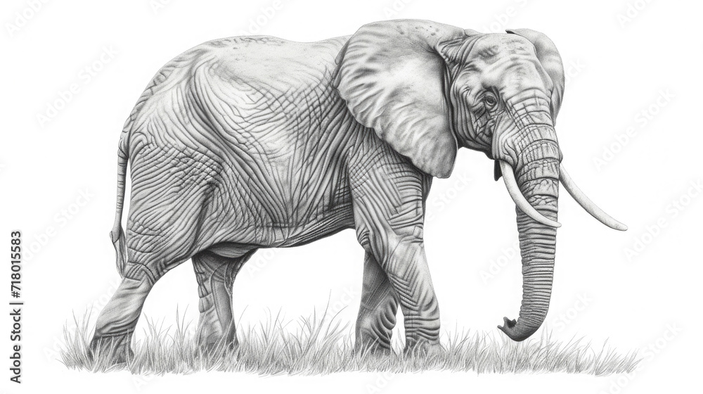 elephant, standing on the grass, looking into the frame, black and white pencil drawing