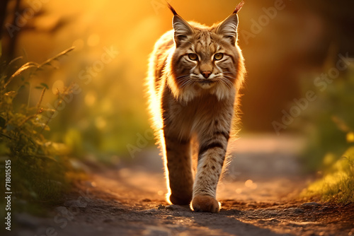 a bobcat walking in a road with the Sun from behind