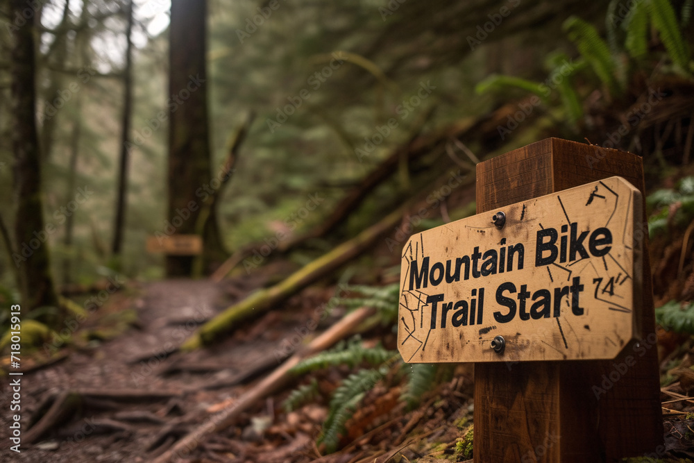 Wooden Sign with 'Mountain Bike Trail Start' Text in a Forest Environment Wooden Sign with 'Mountain Bike Trail Start' Text in a Forest Environment