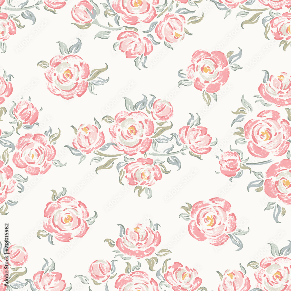 Vector Pink Roses Vintage Floral Background. Rose Flower Bouquets Seamless Pattern. Flowers and Leaves.  Shabby chic Wallpaper. Millefleurs Liberty Style Design.