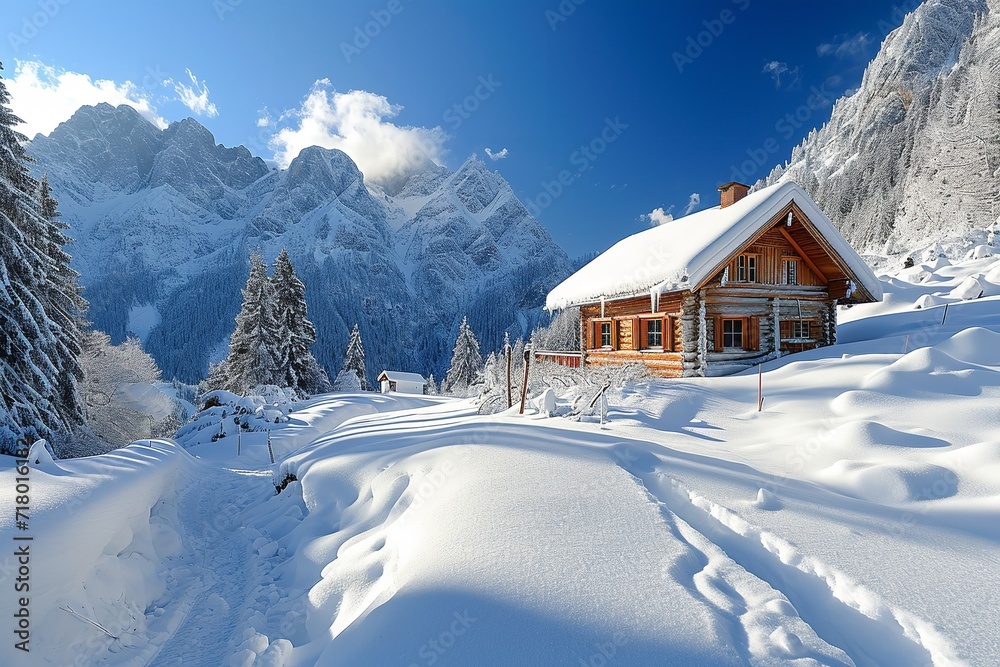 Snow Mountain winter ski lodge and cottage. Generative Ai.