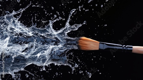 Artistic Paintbrush Art Tool in water splashes on the black background. Horizontal Illustration. Design and Creativity. Ai Generated Illustration with Professional Graphic Paintbrush.