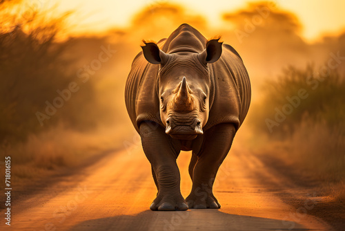 a rhino walking in a road with the Sun from behind