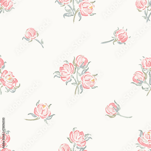 Rose Flower Vector Seamless Pattern. Flowers and Leaves. Pink Roses. Vintage Floral Background. Shabby chic Wallpaper. Millefleurs Liberty Style Design.