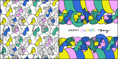 Line art of Women's day art - greeting card and seamless pattern set. Isolated women head profiles doodles. Empowerment And women solidarity concept.