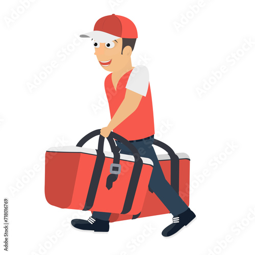 Delivery man delivers the order. Courier carries a bag, vector illustration