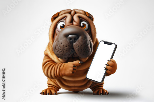 surprised Shar-Pei dog with bulging big eyes point on smartphone with white screen. ai generative photo