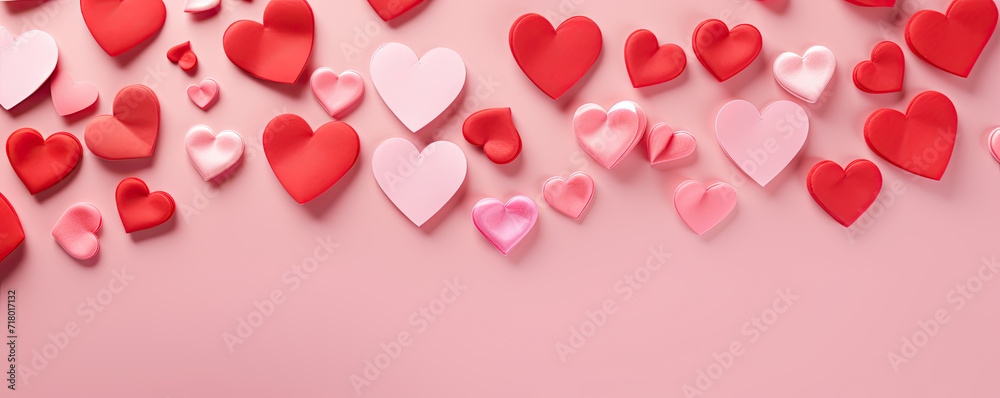 Valentines day flat lay. Stylish pink and red hearts composition on pink paper background. Happy Valentine's day! Modern cute valentine hearts cutouts. Creative love background